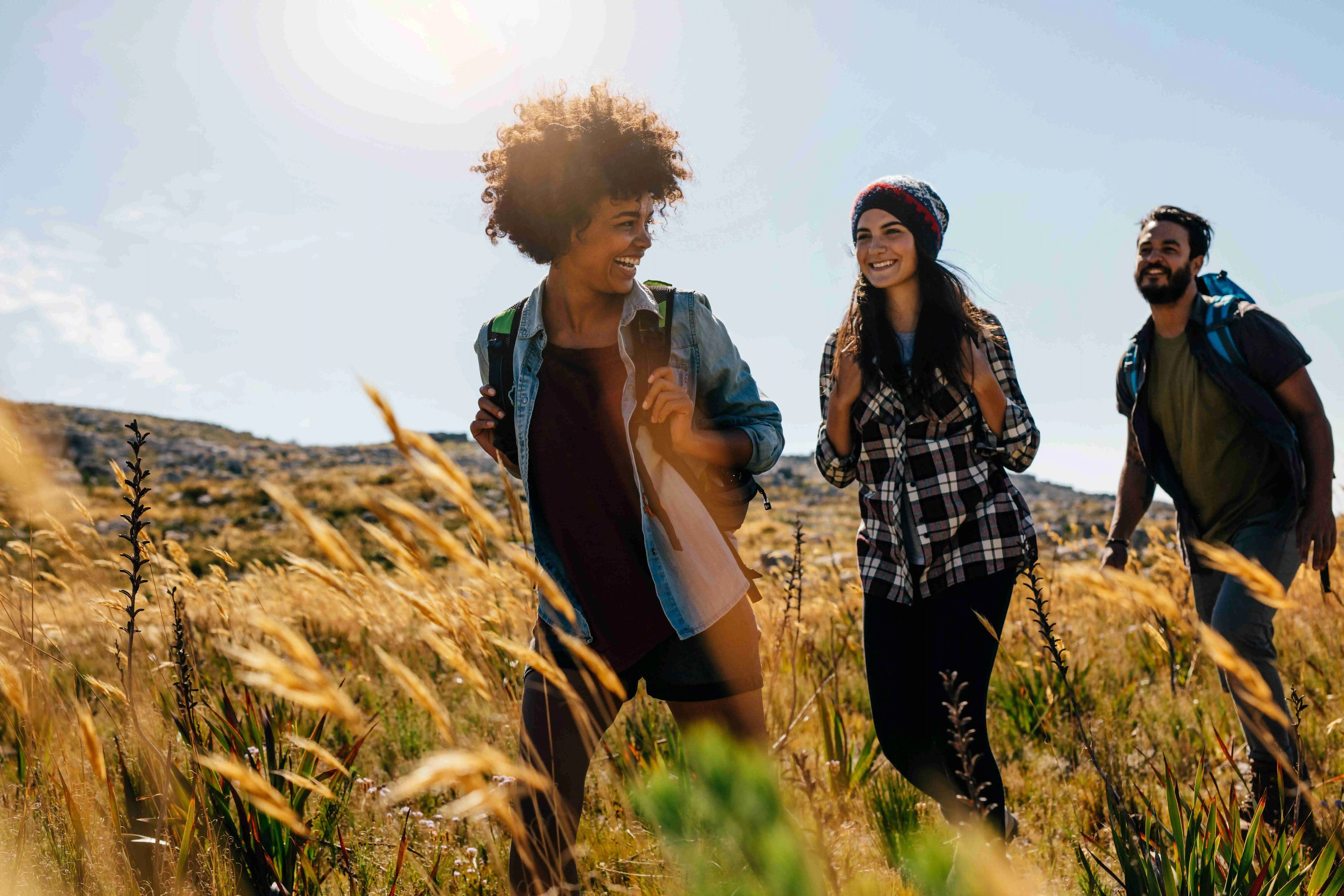 Three friends hiking